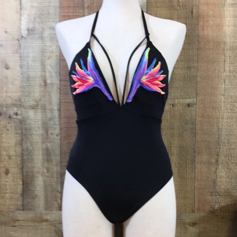 PINK Victoria's Secret Swimwsuit Womens Small Black Strappy Plunge One Piece